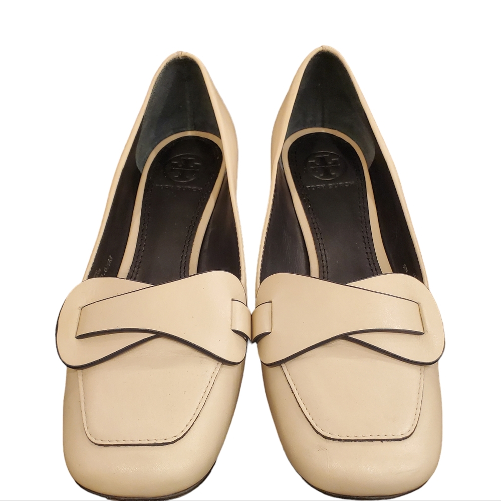Tory Burch Leather Heeled Loafers, Cream Size 6.5M - Picture 5 of 9